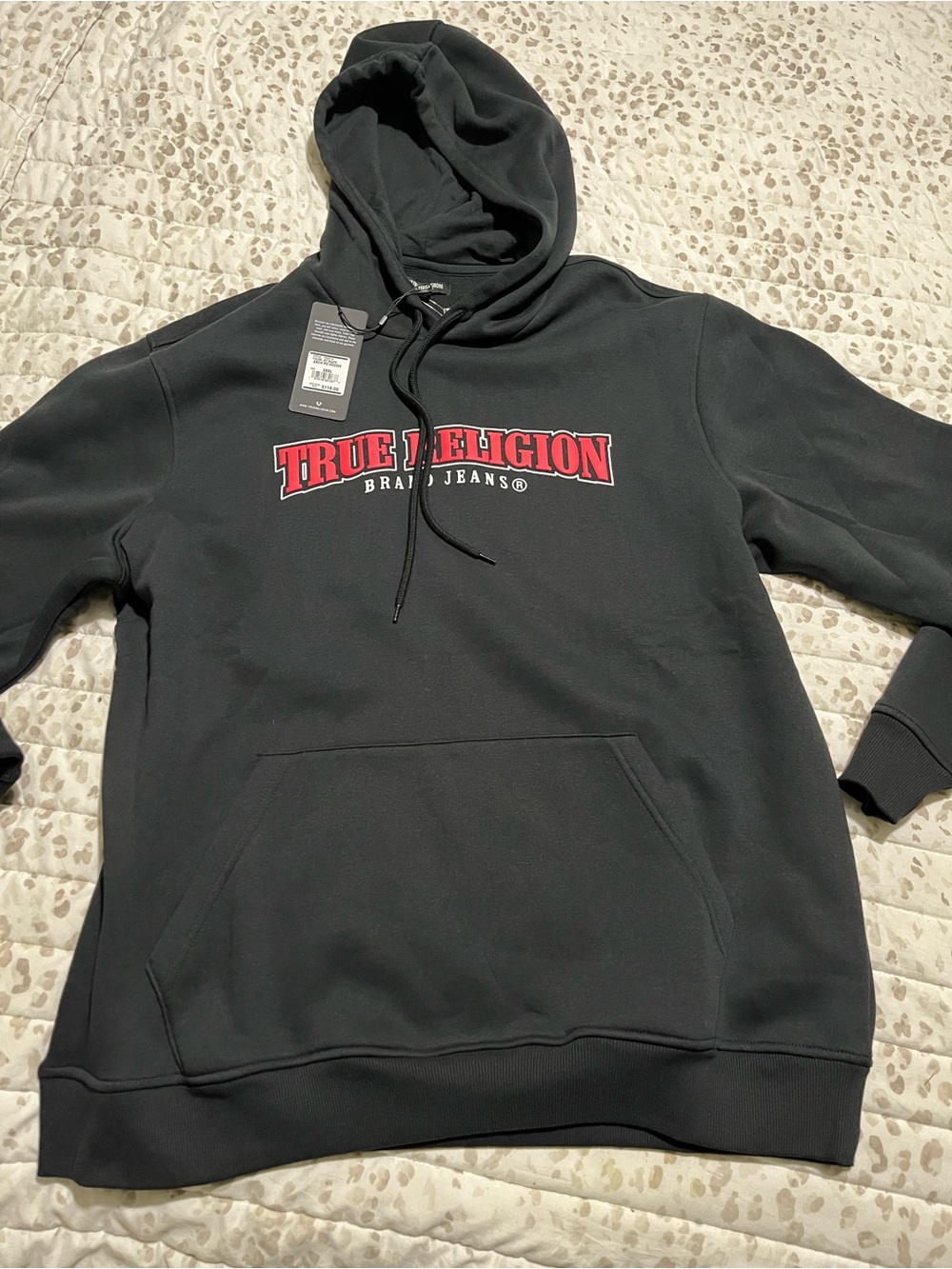 True Religion Men's Black Crewneck Hoodie with Red Logo